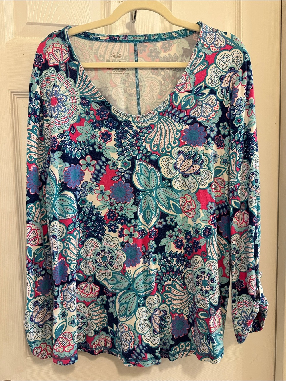 Talbots Teal, Pink & Navy Floral Bamboo Scoop Neck Long Sleeve Tee